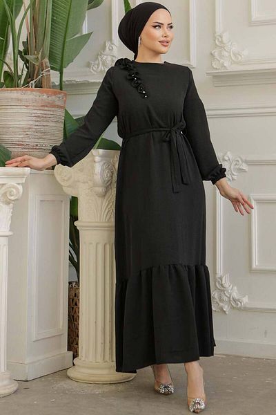 Neva Style - Rochie neagră cu hijab cu centură 659s