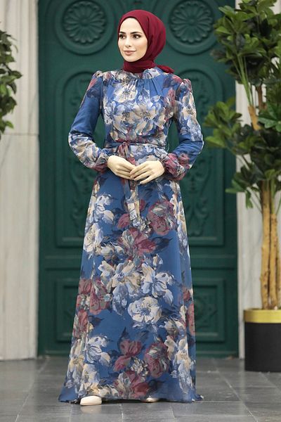 Neva Style Rochie hijab albastru indigo cu modele florale 279318 im