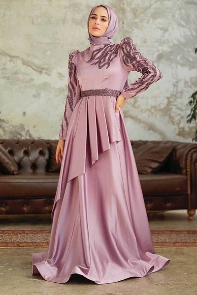 Neva Style Beaded Lilac Satin Hijab Evening Dress 22671Lıla