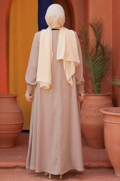 Neva Style Beige Hijab Abaya - Zippered, Model 26302BEIGE