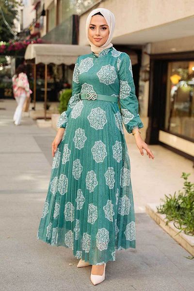 Neva Style Floral Patterned Green Hijab Dress 11870Cy
