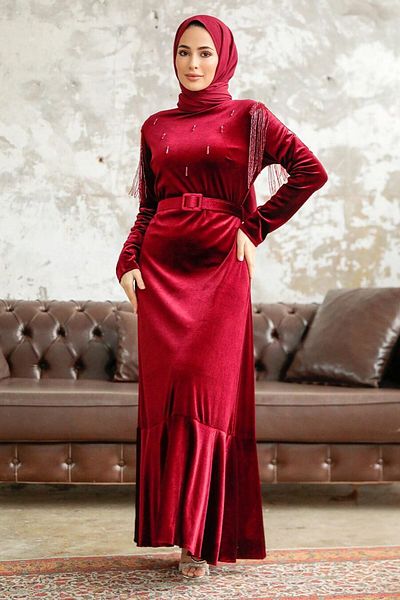 Neva Style - Rochie din catifea Hijab Burgundy cu centura cu catarama 3748br