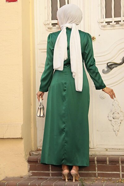 Neva Style Drape Detailed Green Hijab Satin Evening Dress 5940Y