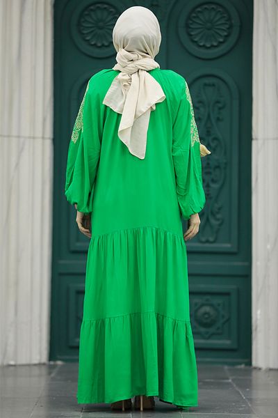 Neva Style Rochie hijab verde cu model de broderie 10186y