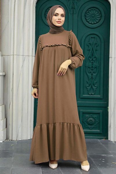 Neva Style فستان حجاب بني بتفاصيل كشكش 7681kh