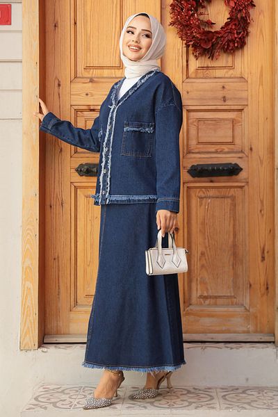 Neva Style طقم جينز أزرق داكن مع تنورة حجاب وسترة - 19012L
