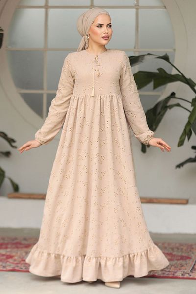 Neva Style Laced Beige Hijab Dress 23201BEIGE