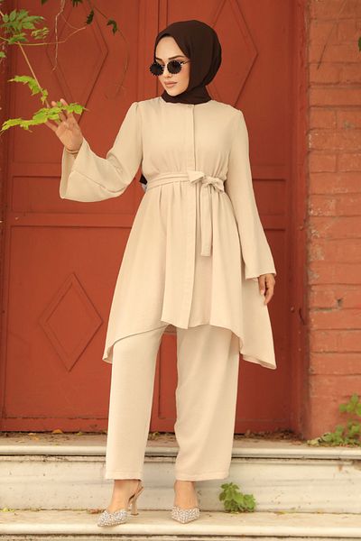 Neva Style طقم حجاب مزدوج غير متماثل باللون البيج - 65875BEIGE