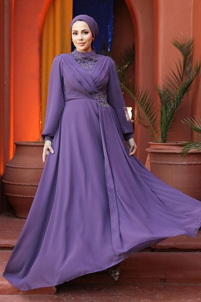 Neva Style Rochie de seara cu hijab - Rochie de seara hijab liliac inchis brodata cu margele 25882klıla