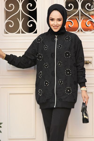 Neva Style Black Laced Hijab Jacket - 20003S