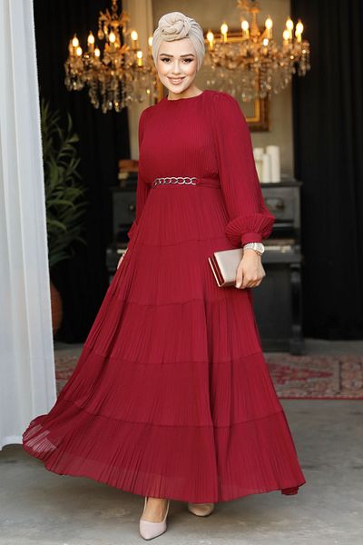 Neva Style Rochie plisată Hijab Burgundy - 44761BR