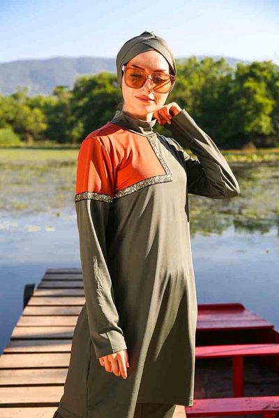 Neva Style Triple Khaki Full Covered Hijab Swimsuit M2108HK