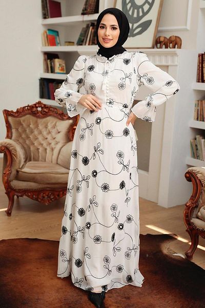 Neva Style Rochie Hijab Ecru cu Motiv Floral 32944e
