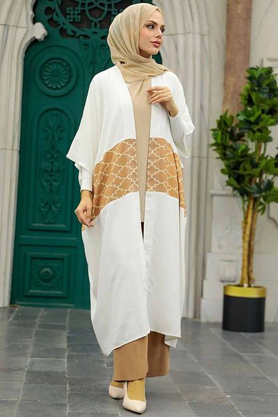 Neva Style Block Patterned Camel Hijab Kimono 8664C