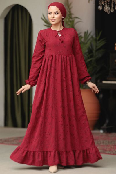 Neva Style Guipure Claret Red Hijab Dress 23201BR
