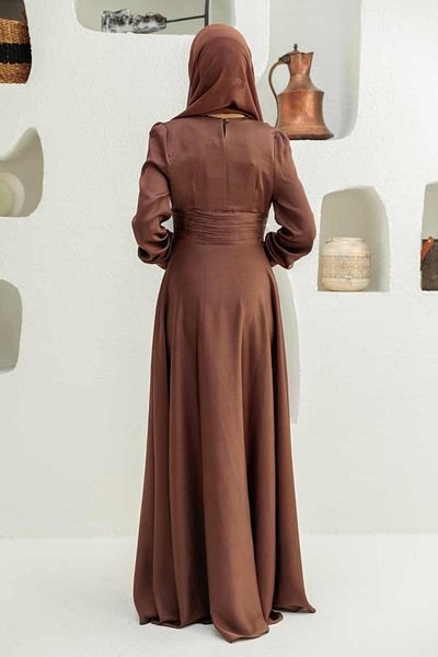 Neva Style Drape Detailed Brown Hijab Evening Dress 2511Kh