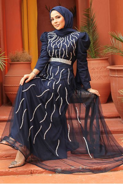 Neva Style Beaded Navy Blue Hijab Evening Dress 51912L