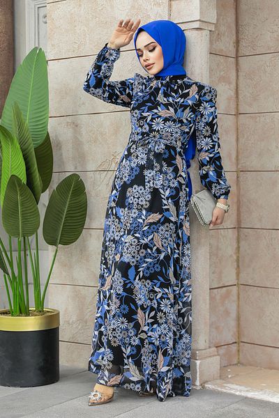 Neva Style Φόρεμα Hijab με λουλουδάτο σχέδιο Indigo Blue 27950ım