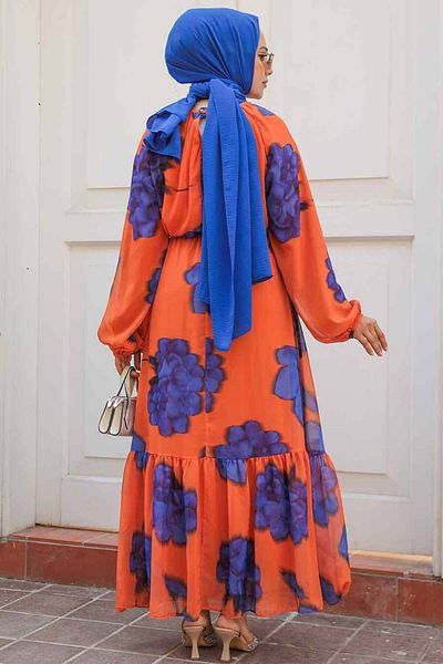 Neva Style Rochie Hijab cu Motiv Floral Portocaliu - 60942T