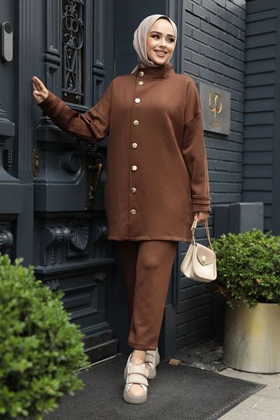 Neva Style طقم حجاب بني مزدوج - زر، 12391KH