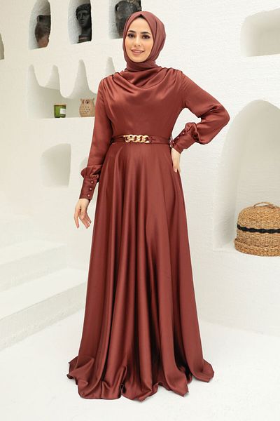 Neva Style Βραδινό φόρεμα Hijab Σατέν Καφέ 3460kh
