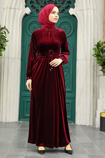 Neva Style Rochie din catifea hijab burgundy 36921br