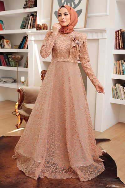 Neva Style Hijab Evening Dress - Lace Gold Hijab Evening Dress 22421gold