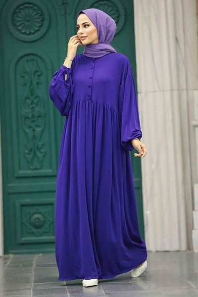Neva Style Rochie Hijab violetă cu detaliu nasturi 5922mor