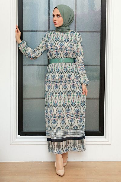 Neva Style Rochie hijab albastru petrol cu ​​model etnic 3536pm
