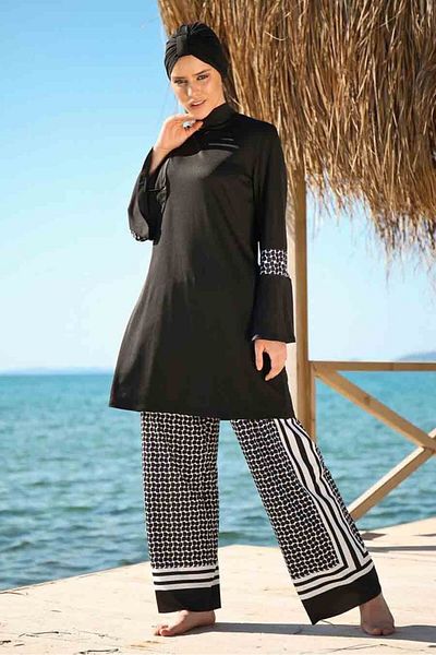 Neva Style 1960S Dot Detailed Black Hijab Swimsuit - Full Covered