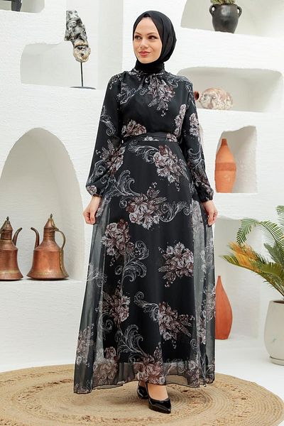 Neva Style - Rochie Hijab Neagră cu Motiv Floral 279013 s