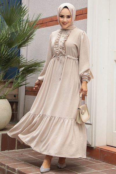 Neva Style Rochie Hijab Bej - Detaliu Volane, Model 6731BEJ