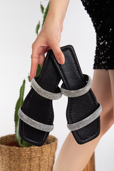 PLN SHOES Comfortable Sole Women's Black Orthopedic Sole 5mm. Two Stones Evening Dress Slippers with Sponge