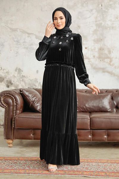 Neva Style Rochie neagră din catifea hijab cu detaliu de flori 3713s