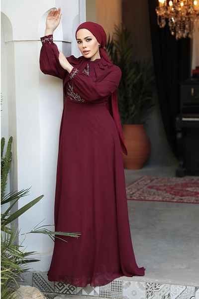 Neva Style Beaded Burgundy Hijab Evening Dress 25886Br