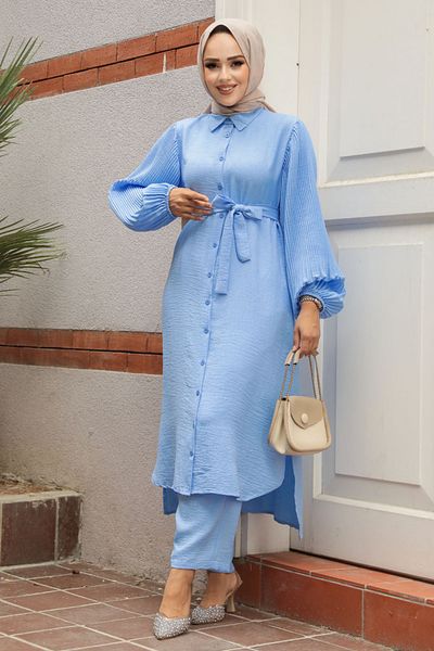 Neva Style Set dublu Hijab albastru pentru bebeluși - cu nasturi, 12581BM