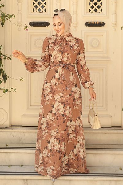 Neva Style Floral Patterned Tan Hijab Dress 279014 Tb