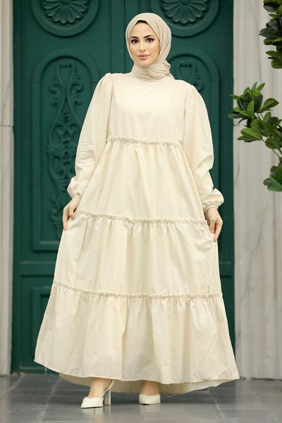 Neva Style Rochie din poplin hijab crem pliată 57342kr