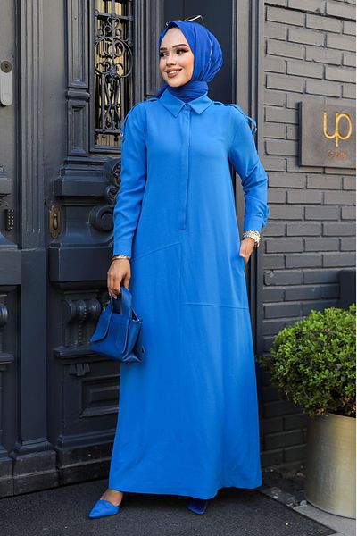 Neva Style Μπλε Φόρεμα Hijab - Λεπτομέρεια με κουμπί, Μοντέλο 12501M