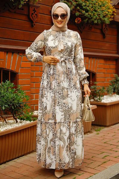 Neva Style Rochie Hijab Bej cu Motiv 33562bej