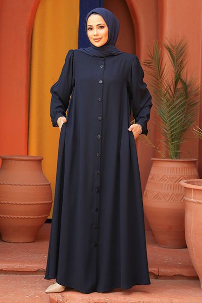 Neva Style Navy Blue Buttoned Hijab Abaya - 45283L