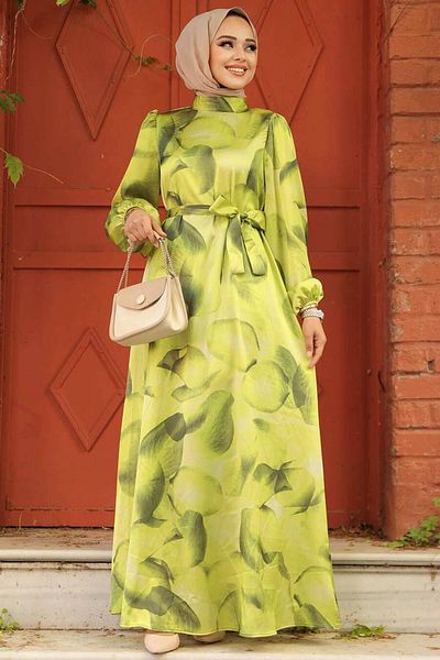 Neva Style Oil Green Patterned Hijab Dress - 23424YY