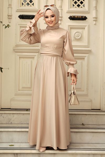 Neva Style Beige Hijab Satin Evening Dress 5983Beige