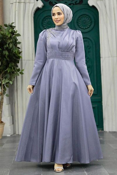 Neva Style Rochie de seara cu hijab - Rochie de seara hijab gri satinat 22301gr