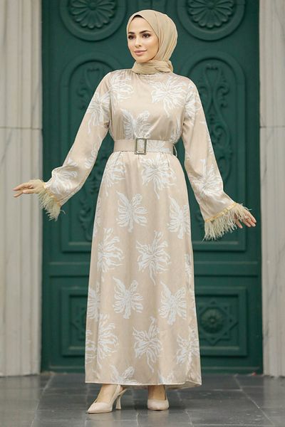 Neva Style Rochie Hijab Bej cu Motiv 77301bej