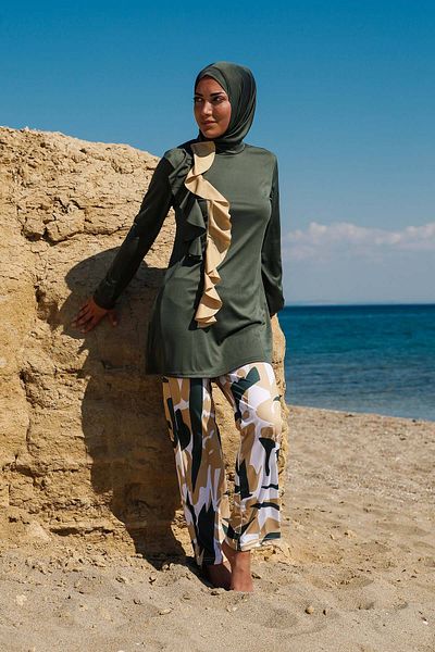 Neva Style Χακί Volan Λεπτομερές Πλήρως Καλυμμένο Μαγιό Hijab R1105HK