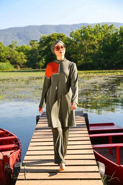 Neva Style Triple Khaki Full Covered Hijab Swimsuit M2108HK