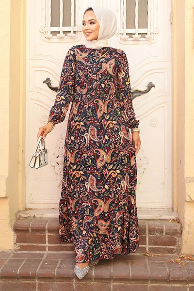 Neva Style Φόρεμα με λουλουδάτο μοτίβο Navy Blue Hijab 70152L