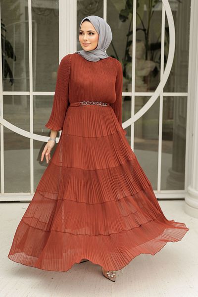Neva Style Rochie Hijab plisată de culoare cărămidă - 44761KRMT
