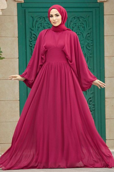 Neva Style Balloon Sleeve Fuchsia Hijab Evening Dress 60681F